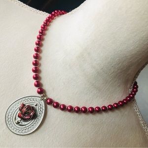 Handcrafted repurpose red rose filigree pendant Czech glass Pearl necklace
